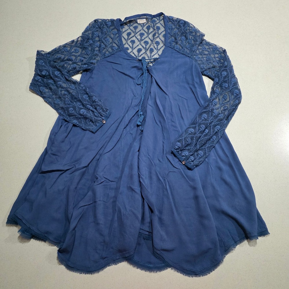 Ecote Blue Lace Sleeve Tassel Tie Tunic Top Women Small F-0104